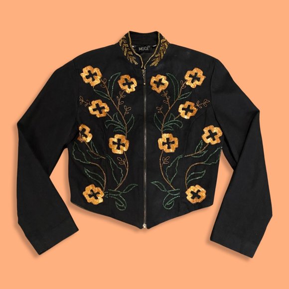 MODI Jackets & Blazers - 🌸sold💋Vintage MODI Denim Black Floral Sequin Beaded Cropped Jacket Sz Medium